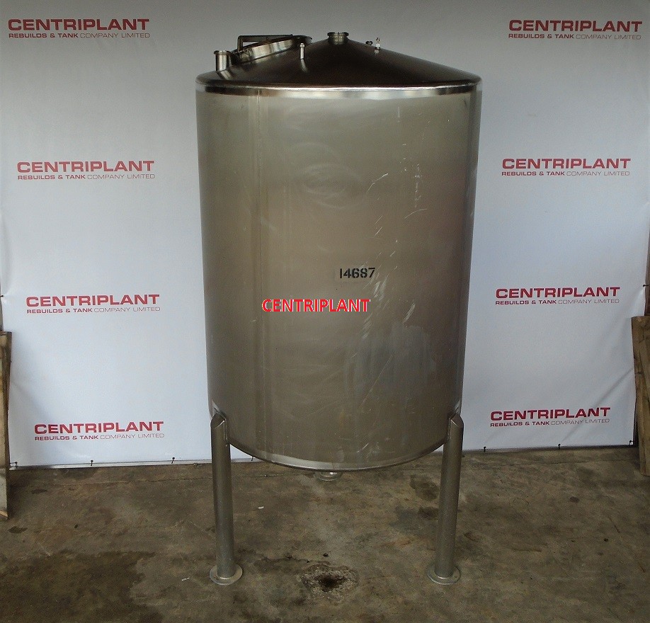 14687 - 4,500 LITRE VERTICAL STAINLESS STEEL TANK, CONICAL BASE, TANK STANDING ON STAINLESS STEEL LEGS