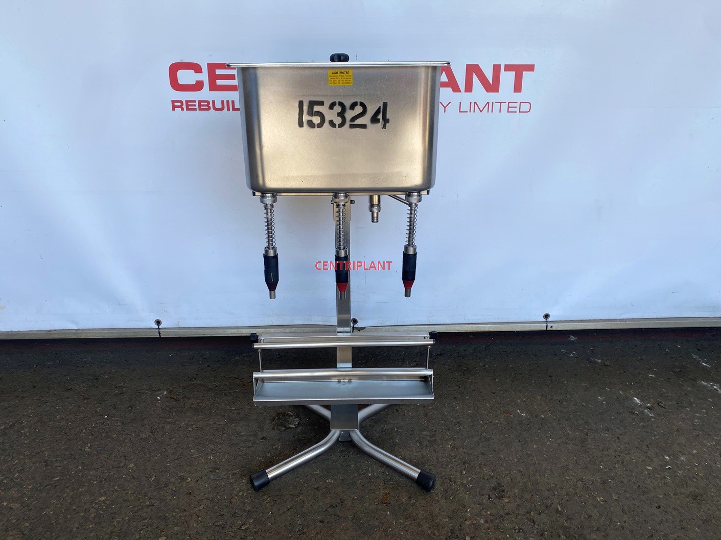15324 - 3 HEAD STAINLESS STEEL SEMI AUTOMATIC GRAVITY FILLER APPROX 16.5 LITRES BRIM FULL